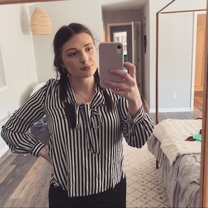 H&M Black & White Striped Tie-Neck Top